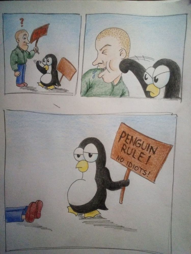 Pinguin haut AfD Nazi in die Fresse und hält ein Schild hoch "Penguin Rules: No idiots!"
