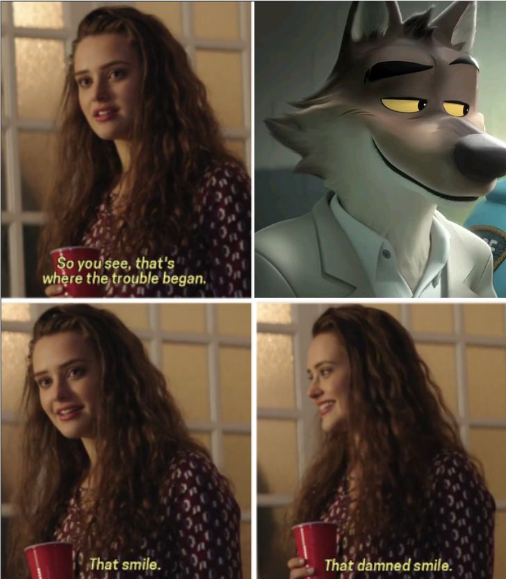 meme of that damned smile featuring Mr Wolf. 