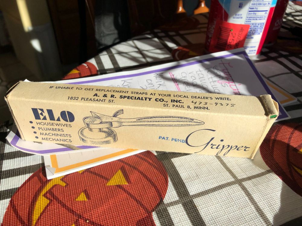 A photo of a box labeled ELO Gripper, Patent Pending. "Housewives, Plumbers, Machinists, Mechanics."