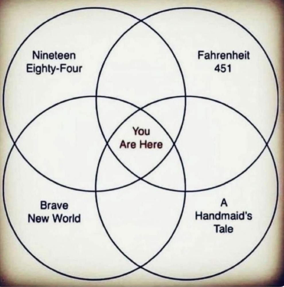 Ein Venn-Diagramm mit vier überlappenden Kreisen, die jeweils einen anderen dystopischen Roman darstellen: “1984” (Nineteen Eighty-Four), “Fahrenheit 451”, “Schöne neue Welt” (Brave New World) und “Der Report der Magd” (A Handmaid’s Tale). Im Zentrum, wo sich alle Kreise überschneiden, steht “Du bist hier”. Jeder Kreis enthält den Titel eines der Bücher, und die Überschneidungen deuten auf gemeinsame Themen oder Elemente zwischen den verschiedenen Werken hin.