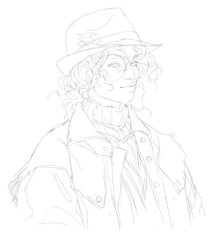 Sketch of a woman. She's got a sharp jaw and an aqualine-esque nose, on which are perched some large round glasses. Her hair is in wild curls in an updo. She's wearing a fedora with a tiny feather, and several layers of clothing - a thick sweater, a button up. She also has a duster coat on that is far too large for her.