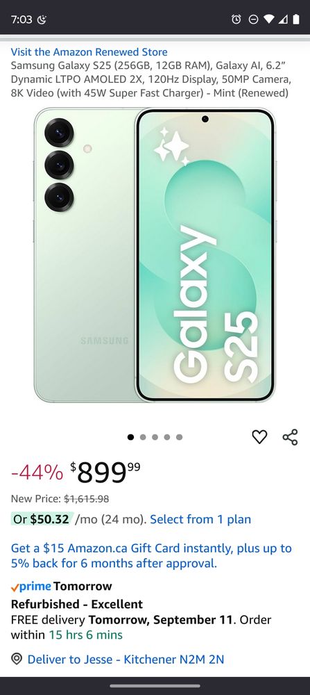 Amazon page for a $899 refurbished S25