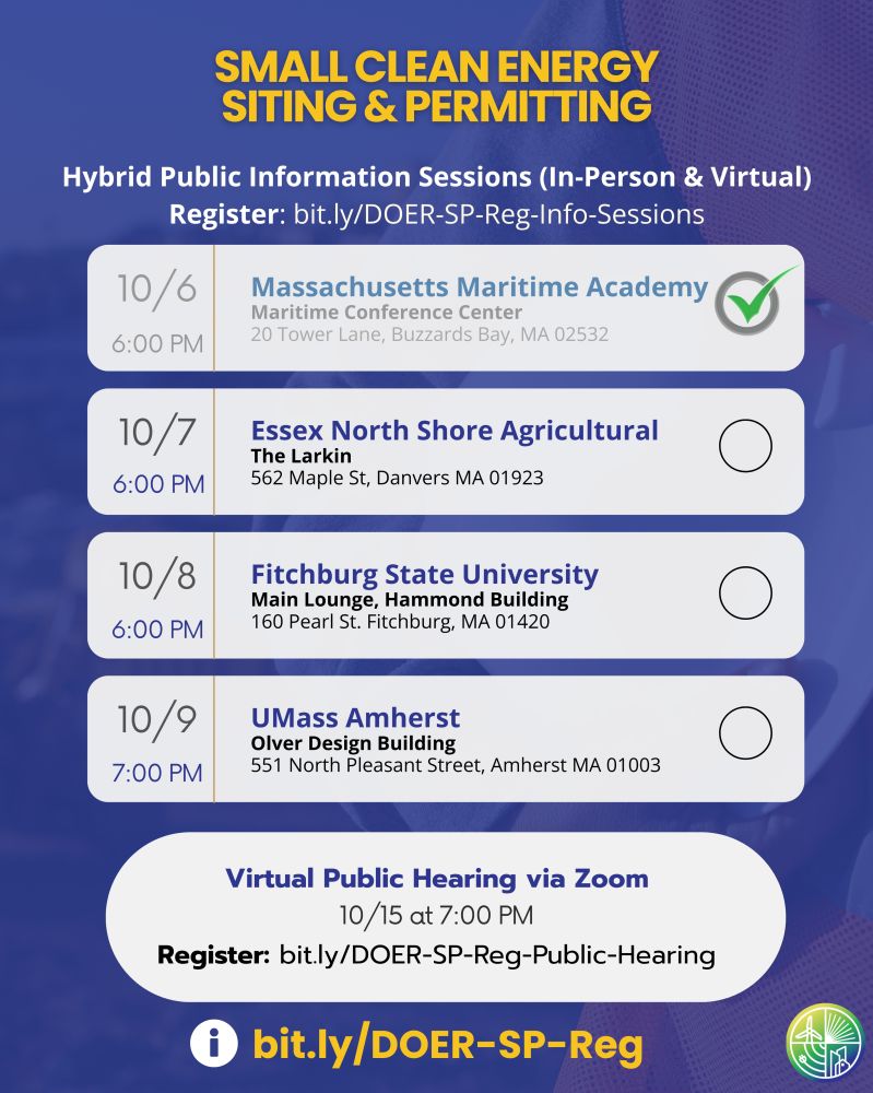 Graphic that lists upcoming public information sessions and virtual public hearing about small clean energy siting and permitting. Visit www.bit.ly/DOER-SP-Reg for all information in the graphic.