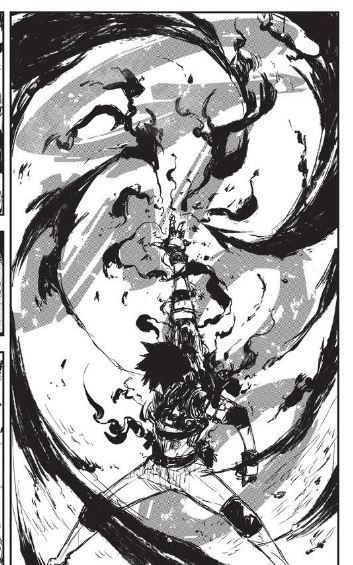 A manga panel of Jiro summoning up some of Rago's power, with a "Gwoo" sfx present in the background alongside some swirling black energy.