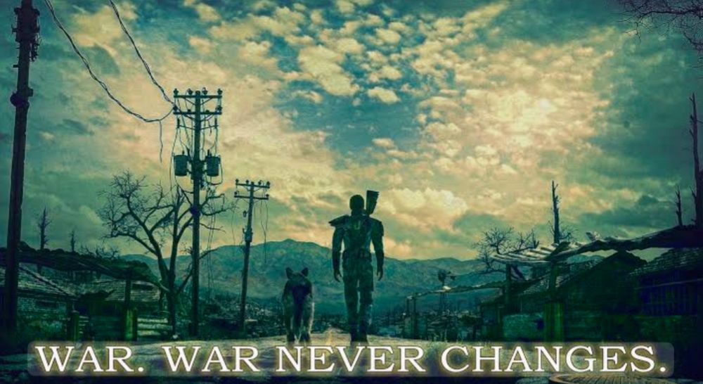 A lone survivor and his companion, Dogmeat, walking down a post apocalyptic road with the caption War. War never changes.