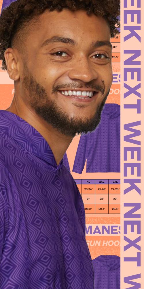 Teasing a two-tone purple sun hoodie (moisture-wicking fishing shirt) which I'll offer via etsy beginning next week. A male model smiles in the foreground, superimposed over the size guides I've prepared.