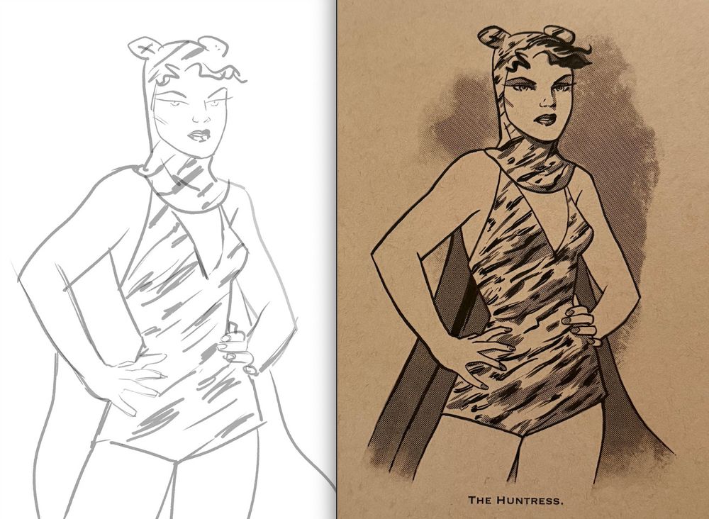 The Huntress, by Sandy Jarrell, 2025. Digital prelim sketch, left. Duoshade and ink on toned paper, right. She was created by Mort Meskin and an uncredited writer in 1947, a femme fatale foil to vex superhero boxing champ Wildcat in his Sensation Comics strip.