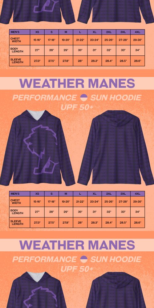 Front/back ghost mockups of a 2-purples-on-black sun hoodie. Size Guide table below them with garment dimensions for XS-4XL. An electrified stroke of a lion dominates the front of the sublimated, cut & sew shirt, which is made to order (to your door inside of 2 weeks).