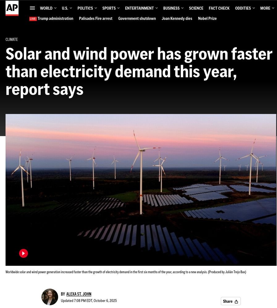 AP: Solar and wind power has grown faster than electricity demand this year, report says