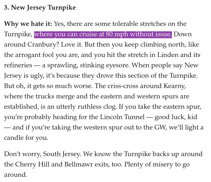 From the article: Yes, there are some tolerable stretches on the Turnpike, where you can cruise at 80 mph without issue.