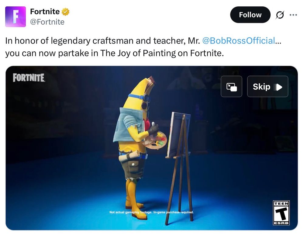 In honor of legendary craftsman and teacher, Mr. Bob Ross…
you can now partake in The Joy of Painting on Fortnite.