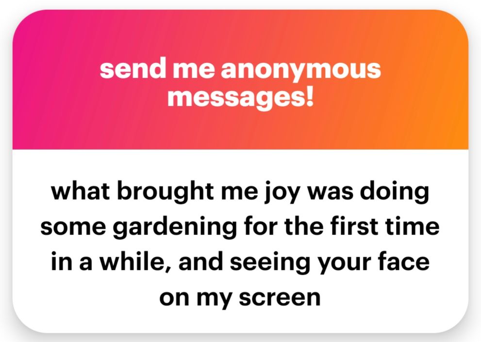 anon message: what brought me joy was doing some gardening for the first time in a while, and seeing your face on my screen