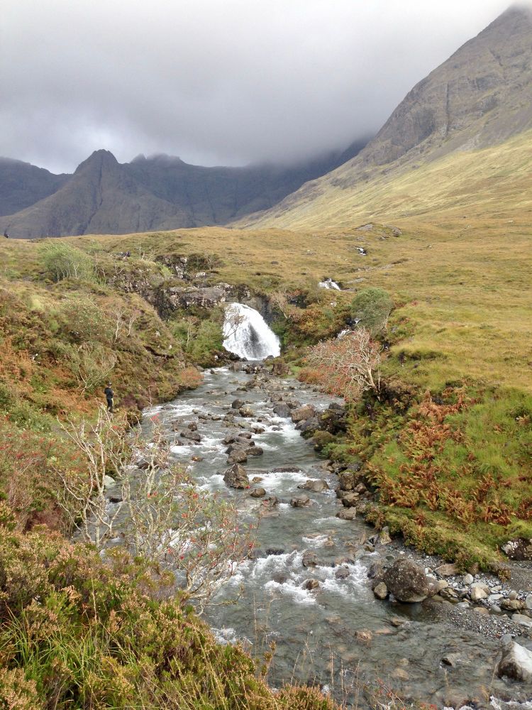 Looking down the river at The Fairy Pools on the Isle of Skye on a cloudy day 