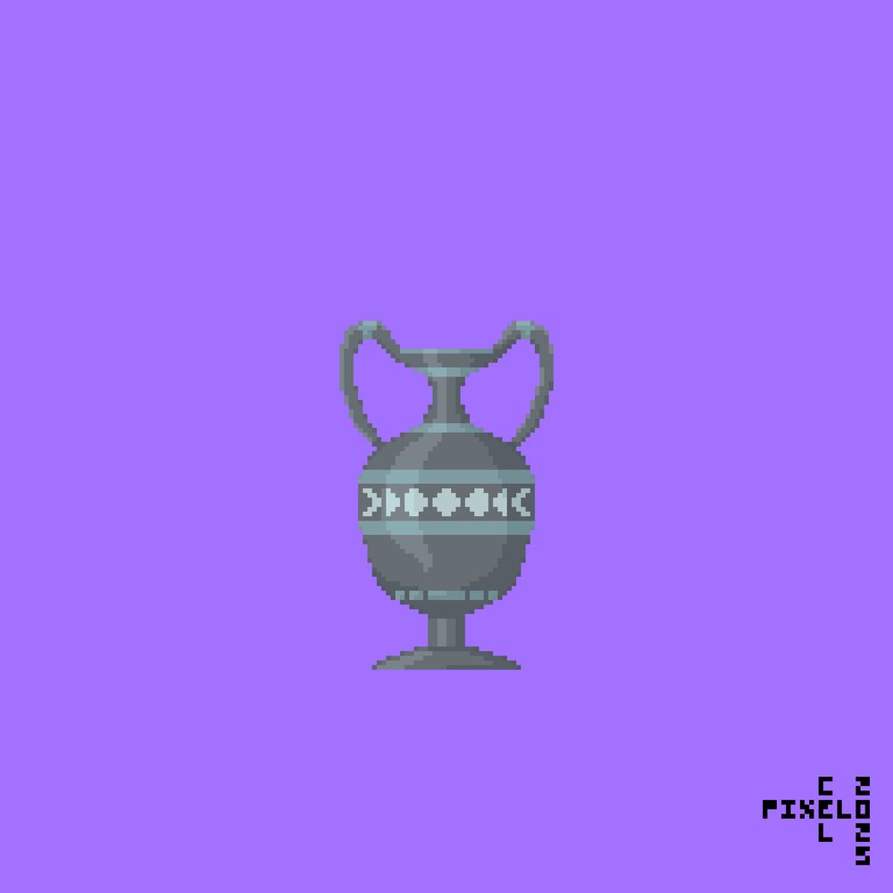 Pixel art of a large vase, or amphora, with light blue patterns and phases of the moon around the middle it.