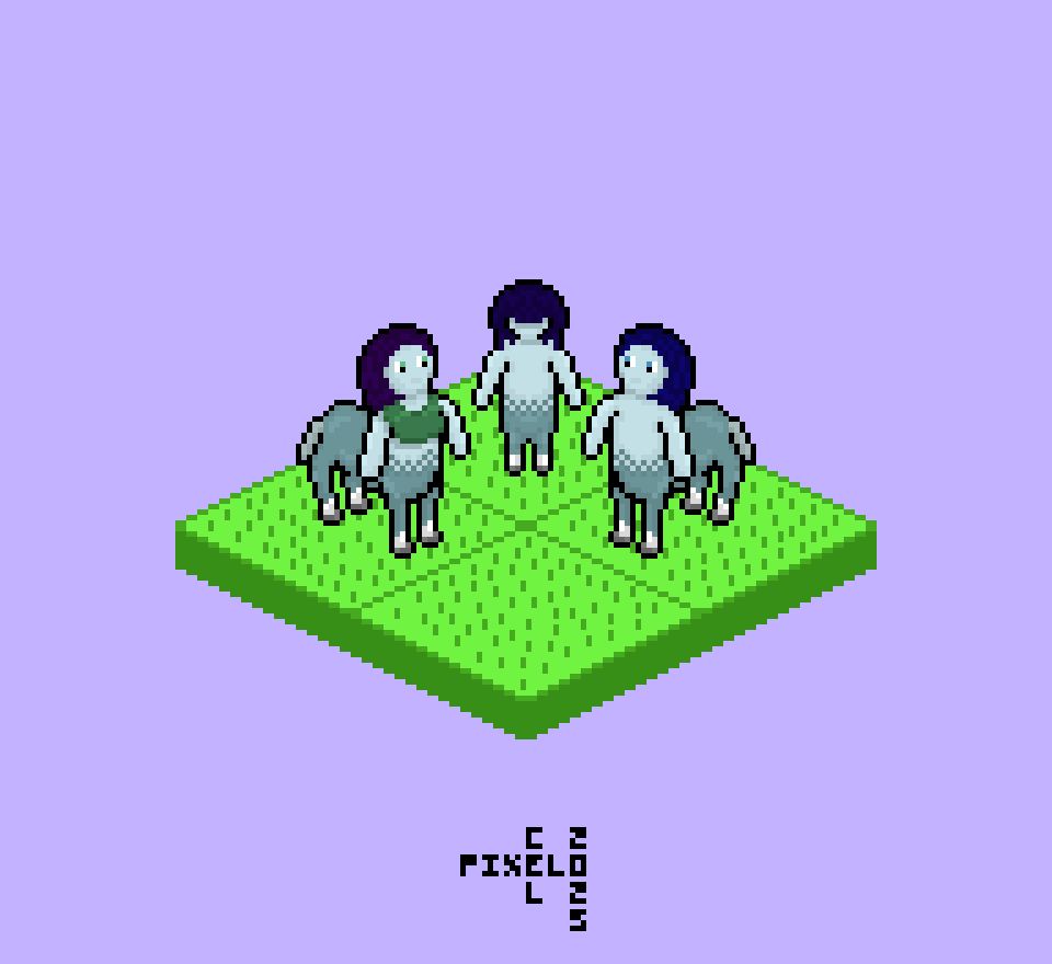 Pixel art isometric of a centaur family, featuring a mother, a father and a young child.