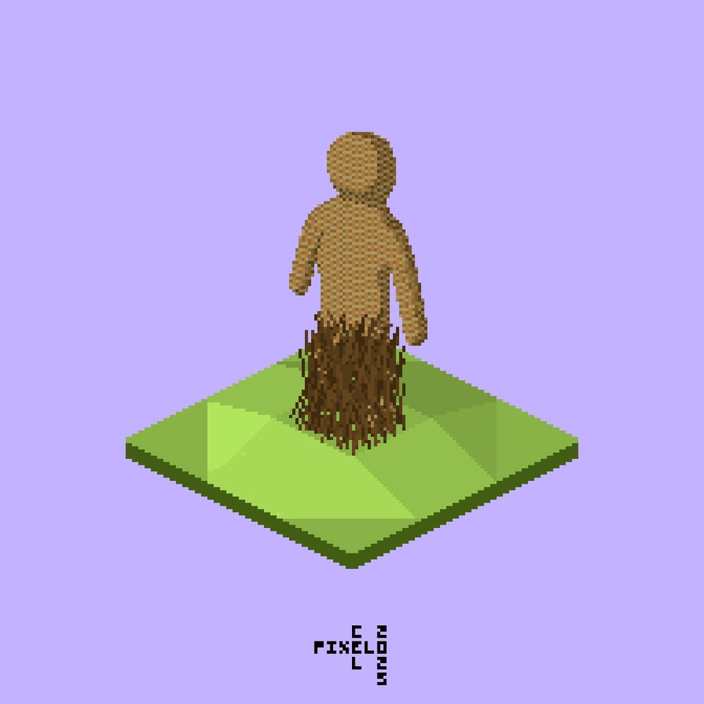 Pixel art isometric scene showing a Wickerman on top of a small hill. Around his legs are kindling for the fire.