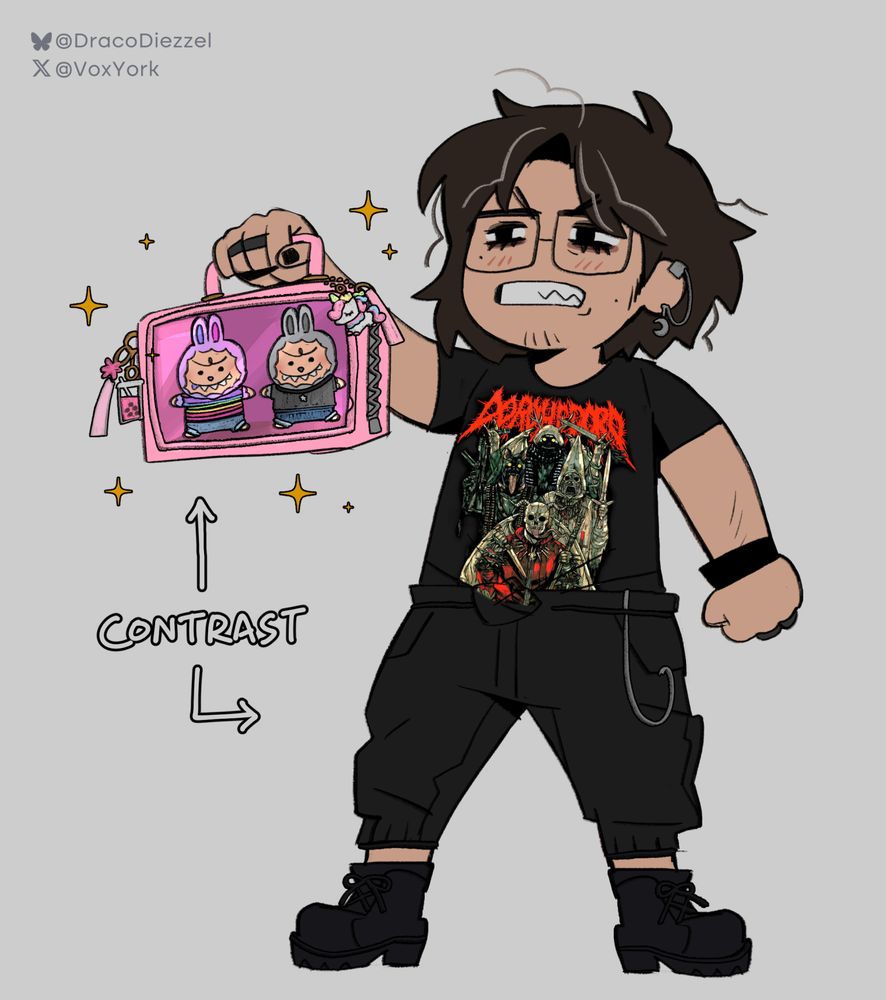 Doodle of me wearing my usual all black outfits that look like they are straight out of hottopic (which is true), and I am holding up my very cutesy and very pink bag where I have my 2 labubus, a clear contrast between me and them.