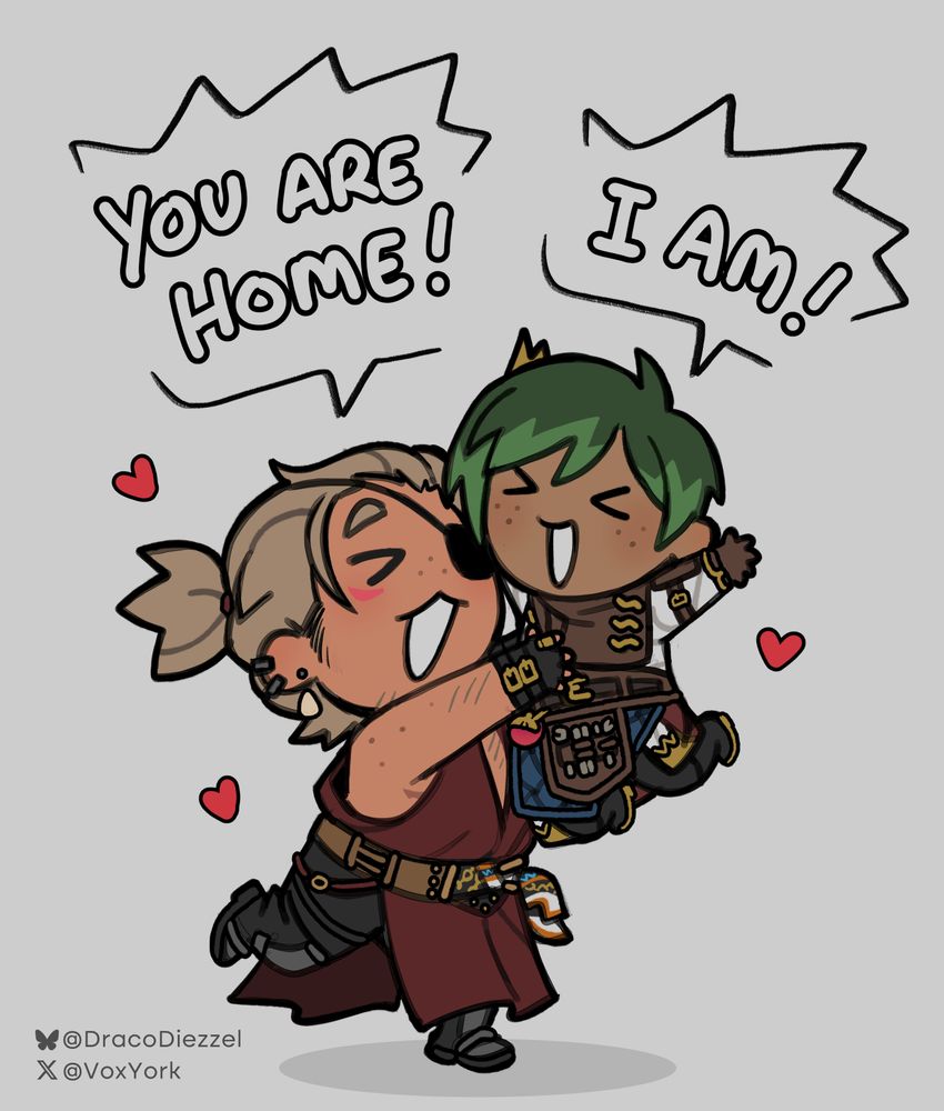 Chibi doodle of Vox lifting up Barley with excitement, he is happy that his partner is back home and said partner is also happy to be back!
