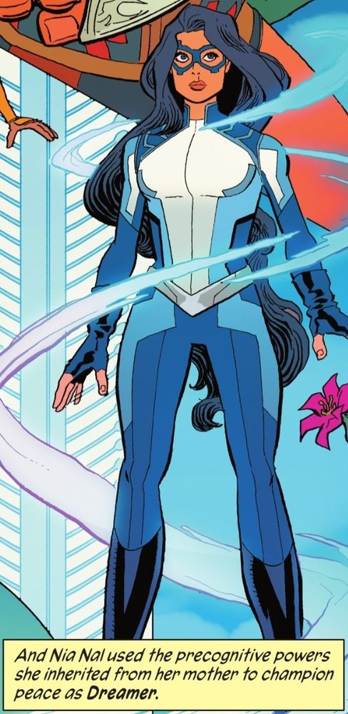 The DC superhero Dreamer standing with a text box at her feet that reads "And Nia Nal used the precognitive powers she inherited from her mother to champion peace as Dreamer.