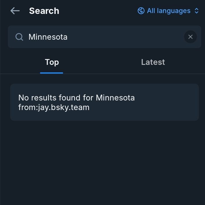 A search for posts mentioning Minnesota from jay.bsky.team showing no results found.