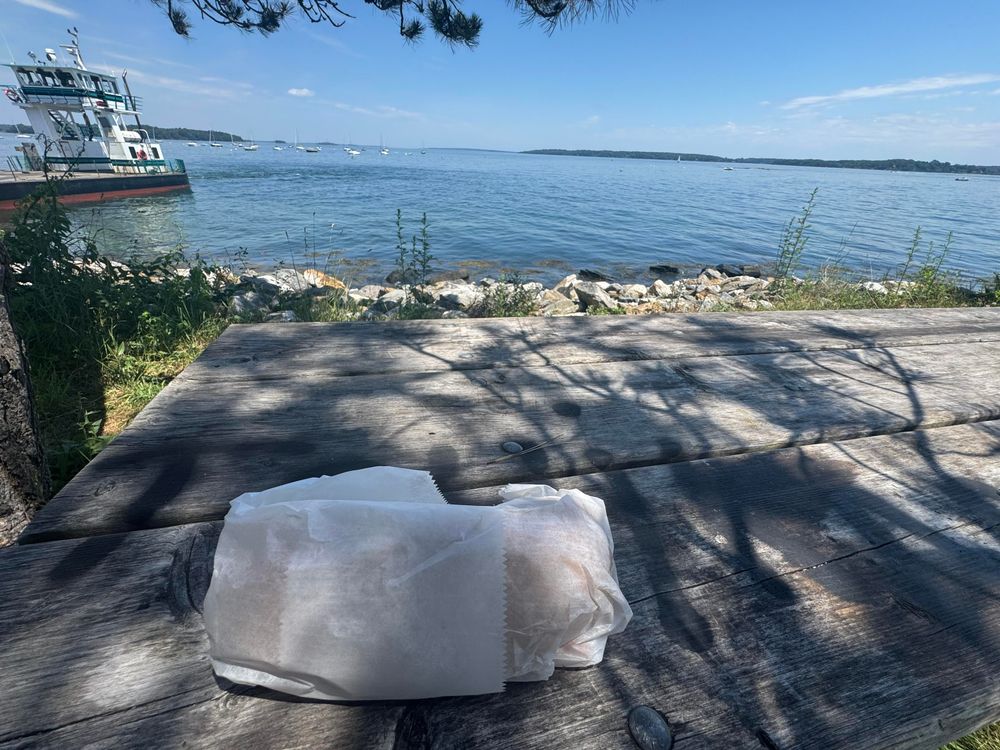 a sandwich on a picnic table, with the Casco Bay and a ferry boat in the background. In the distance are Mackworth Island, Little Diamond island and Big Diamond island from left to right