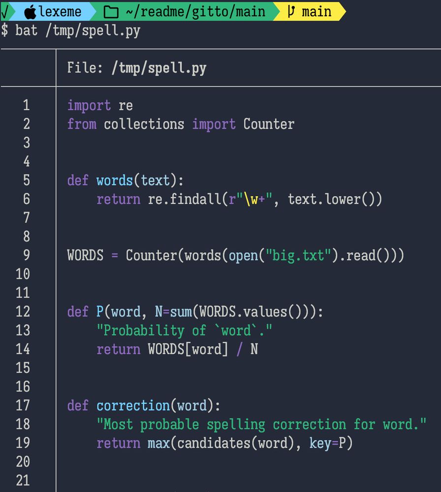 A screenshot of a terminal showing the start of Norvig's spell corrector