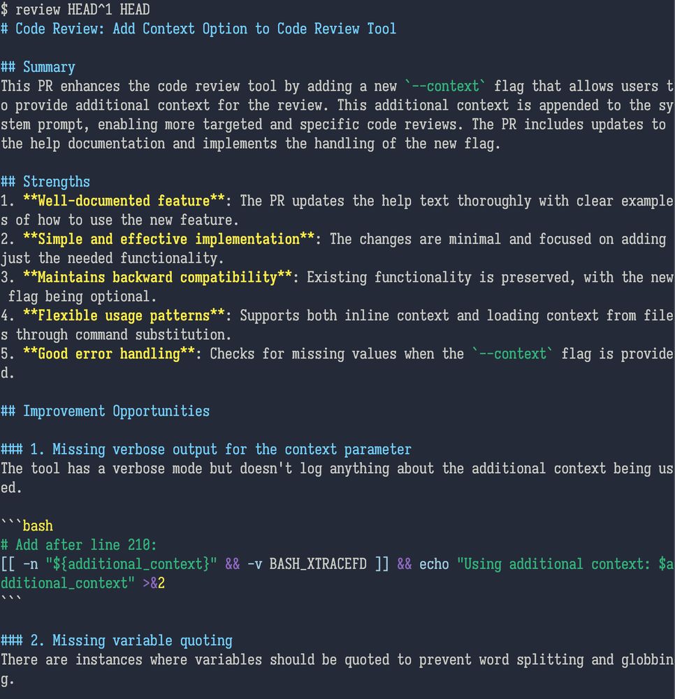 A terminal window showing a syntax-highlighted automated code review