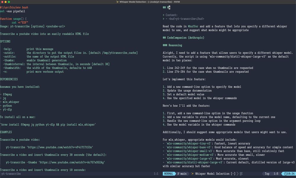 A screenshot of a terminal window running vim, with code in the left pane and an AI assistant suggesting how to implement a new feature in the right pane