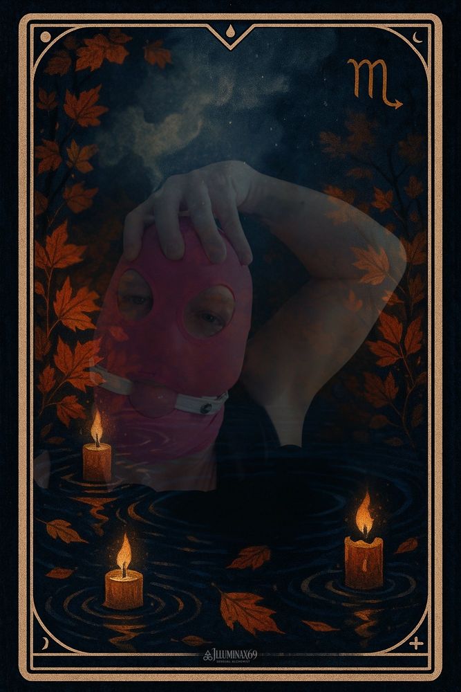 Illuminax69 posing with their hand grappling the top of their head while wearing a pink face mask, and white leather, pink ball gag in mouth. Background is thematic integration of November water with emotional elements of Scorpio season, desire, death, rebirth in a tarot card style. 