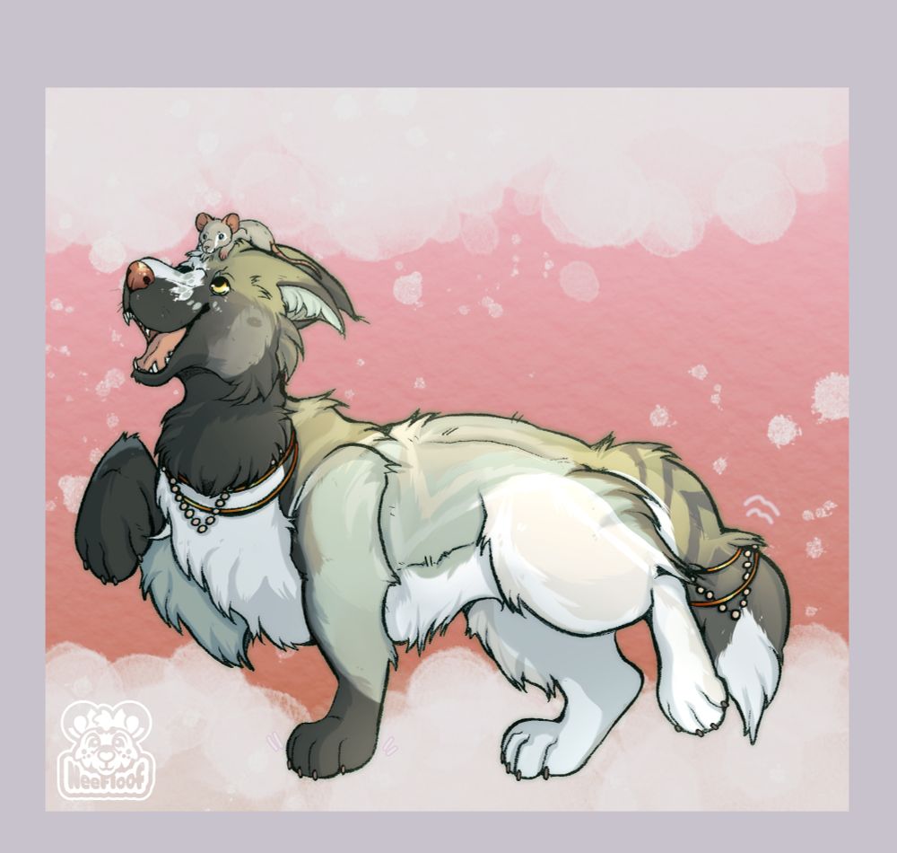 A drawing  of a dog trotting on an abstract background of clouds 