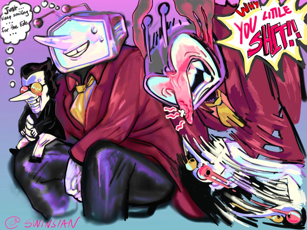 Spamton and Tenna sitting together with spamton on tenna's knee. Theyre both thinking "just...keep smiling...for the kids..."
The next picture is of Tenna shaking spamton back and forth and yelling "YOU LITTLE SHIT!!" It's implied that spamton bit his nose, as there is a big bite mark on it.