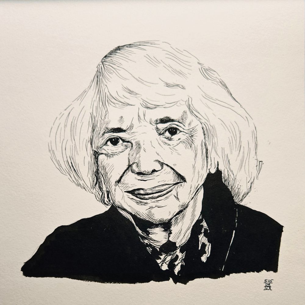 Portrait einer alten Frau in Tusche. Sie blickt dem Betrachter freundlich an. 