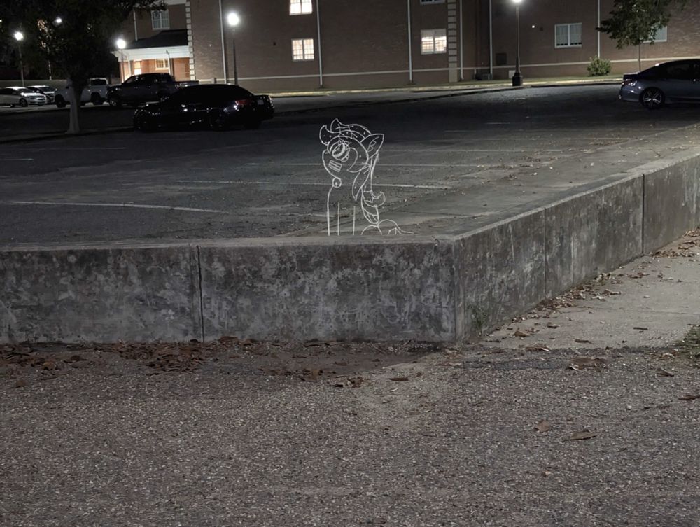 Photo of a parking lot at night, illuminated by a street light. Drawn on the photo is a white sketch of a pony looking up at the sky