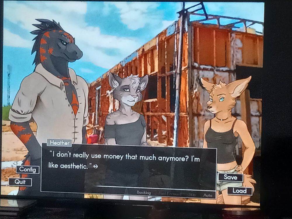 photo of a screen from Echo visual novel, with three characters on screen, two of them irrelevant to this post. Heather, a grey cat, is saying "I don't really use money that much anymore? I'm like aesthetic."
