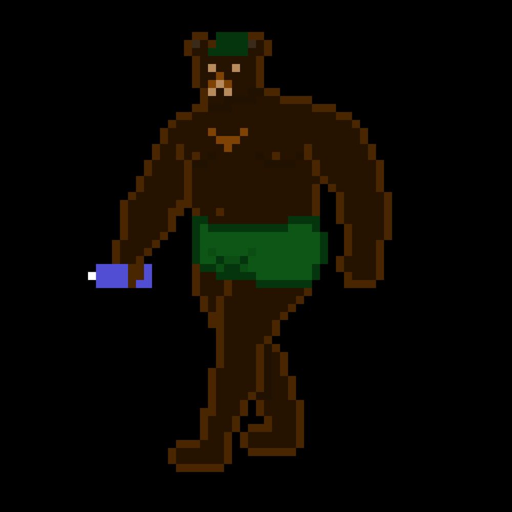 54 pixels tall, 37 pixels wide: a barechested black bear wearing emerald green walking shorts and a blue water bottle. walking. green cap, too!