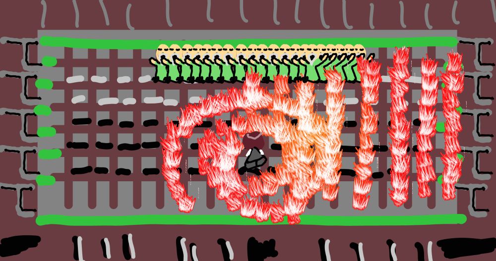 drawing of lenna fighting elder. glitchy arena and flames made with grass brush/gradient stroke. and lots of copies of elder. i'm not familiar with krita so i struggled a lot with copy/paste layering. i even tried to make a brush from a flame sprite but couldn't quickly figure it out. i haven't played this game in years but it's amazing