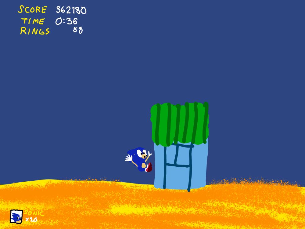 drawing of sonic falling on and bouncing off a pit of lava based on a speedrun mentioned in main text. drawing was about 4:41, ui elements was the rest of the time. excluded background and platform texture for boring/speed reasons