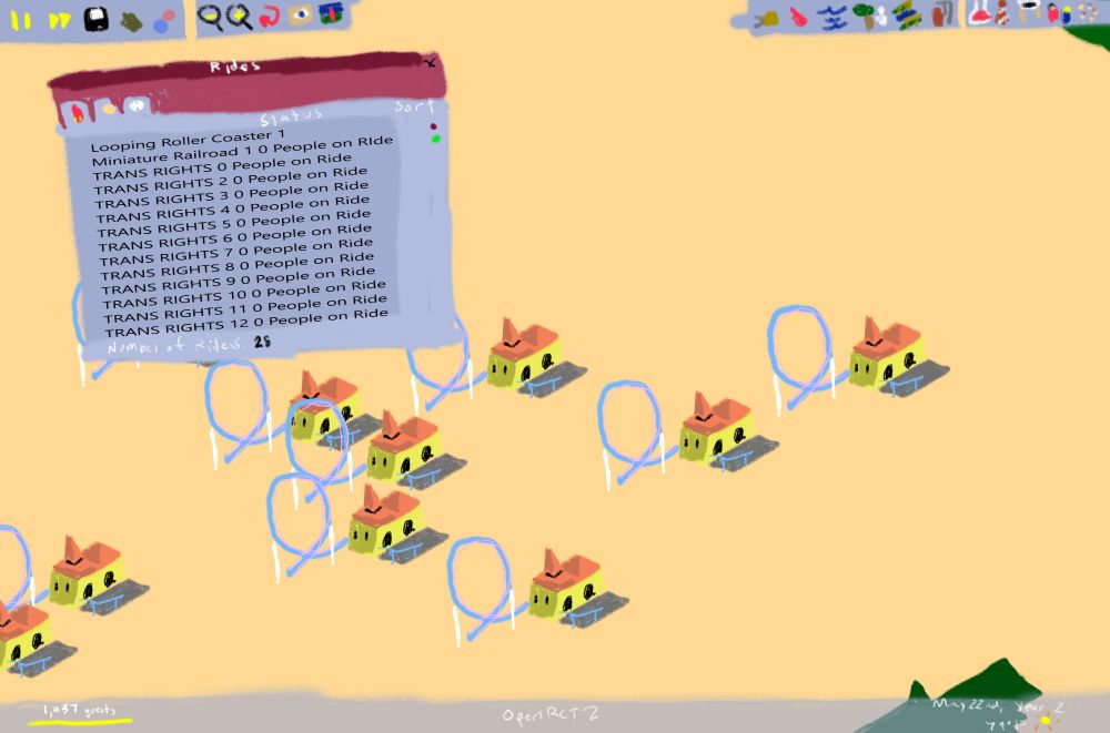 drawing of multiples of custom ride TRANS RIGHTS, with various UI elements (which took the longest and was fun!). accidentally stopped timer at 12:50.04, but final draw time was probably 25-30 min? missing grid, details, scale is deffo off