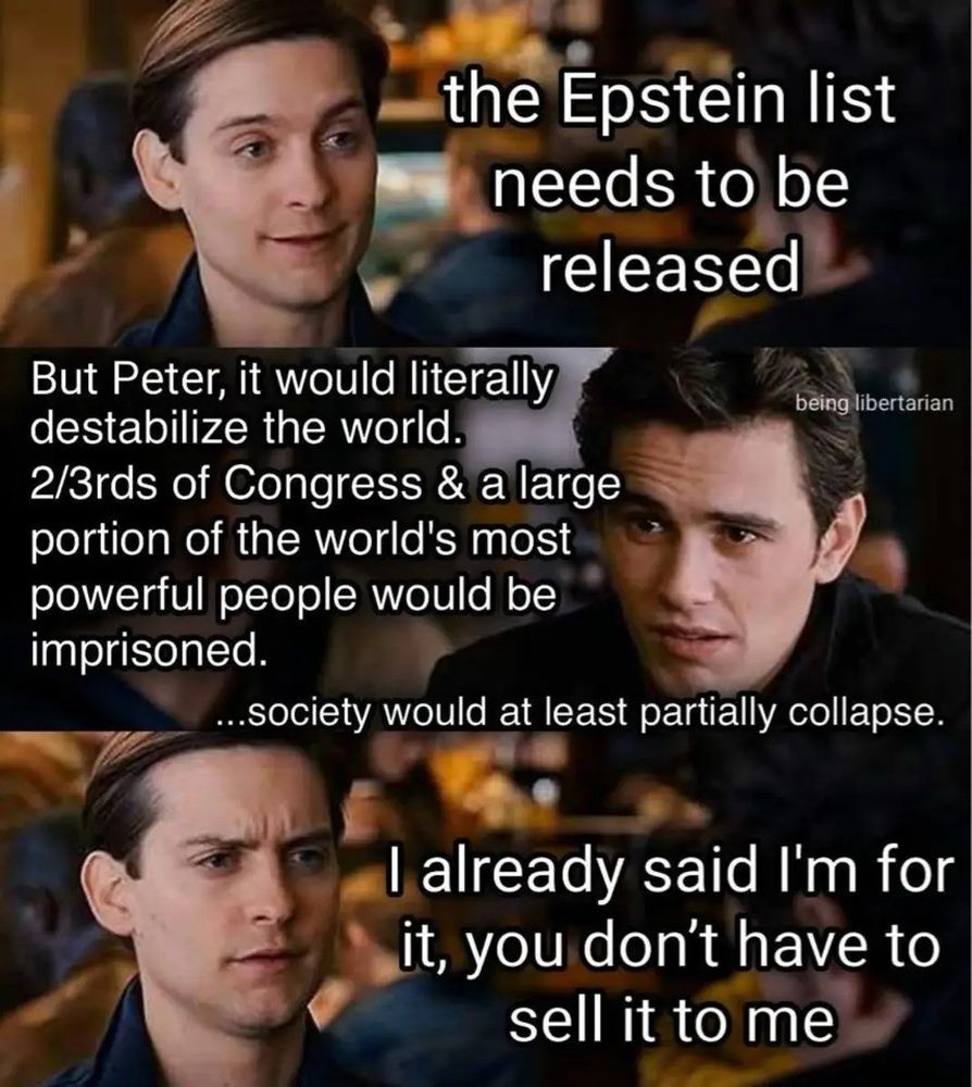 Two young white men talking. One is named Peter, from context. I dunno the other guy.

Peter: the Epstein list needs to be released

Other guy with the watermark "being libertarian" in small letters beside his head: But Peter, it would literally destabilize the world.
2/3rds of Congress & a large portion of the world's most powerful people would be imprisoned.

...society would at least partially collapse.

Peter: I already said I'm for it, you don't have to sell it to me