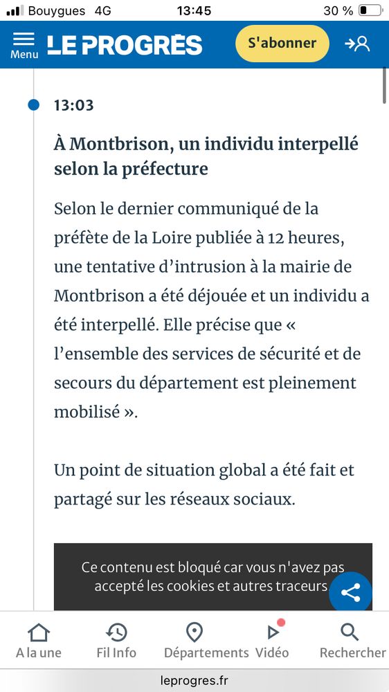 Capture d’écran du site internet du Progrès, journal local de la Loire, relayant les âneries de la préfecture à savoir qu’une tentative d’intrusion dans la mairie de Montbrison a été déjoué et un individu arrêté.
