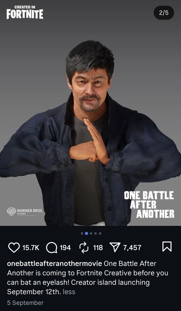 An Instagram promo for the launch of a "creator island" for One Battle Aftee Another, a film loosely based on Thomas Pynchon's Vineland.