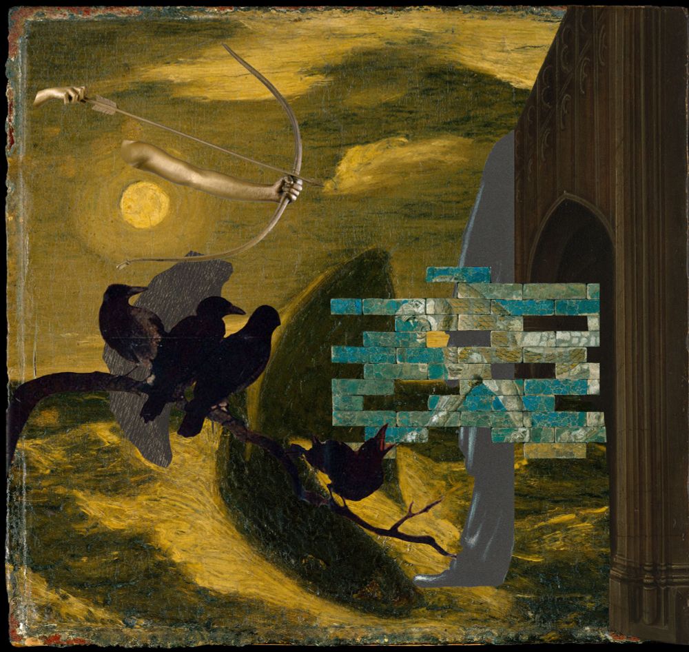 cut out images are layered on top of a yellow and black painting of a boat under a moon. a lion made of bricks (with several bricks removed) emerges out of the wall of a gothic cathedral. several crows sit on a branch, and two disembodied golden arms point a bow at the lion's back