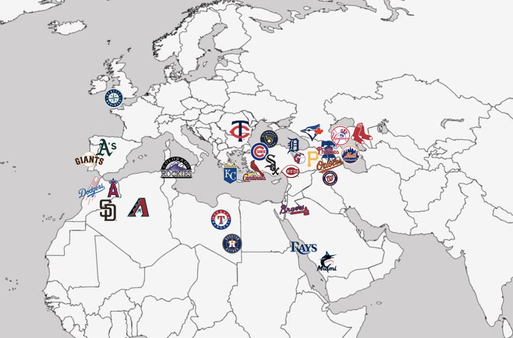 a map of MLB teams locations laid over a map of Europe, MENA, and Western Asia, showing the Phillies in Armenia and the mets in azerbaijan. 