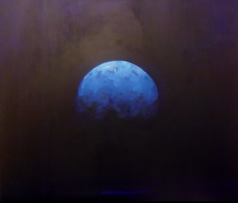 A large painting of a luminous, textured shades of deep cerulean and sapphire blue sphere glowing against a dark, foggy background, resembling a mysterious planet or moon.
