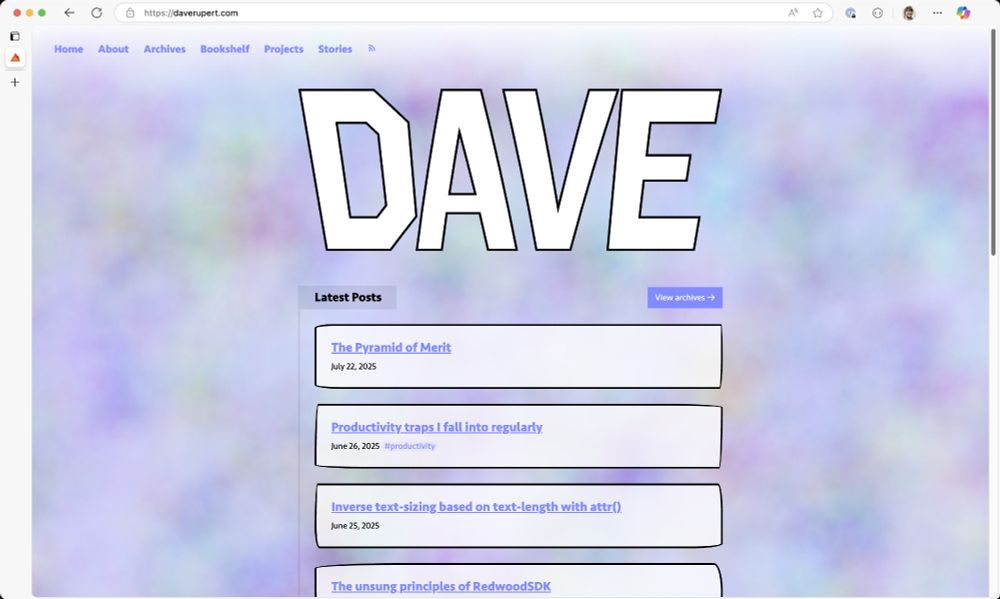 My website with a tie-dyed background based on the accent color. the background is a splotchy purple with some green tones.