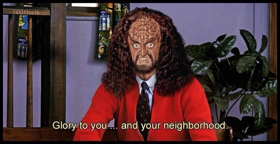 Gowron’s head on Mr. Roger’s body with the words: “Glory to you…and your neighborhood.”