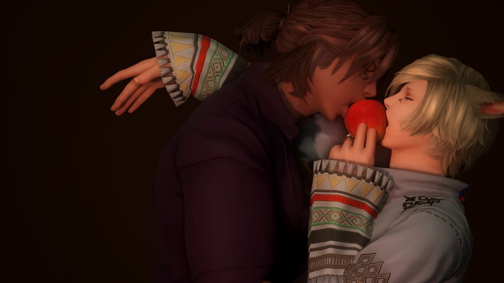Two male Miqo'te sharing an apple in a not so conventional way. Kie (blonde Miqo'te to the right) has his right arm laid so carelessly over Cassius's left shoulder as he holds the apple in place between the two.