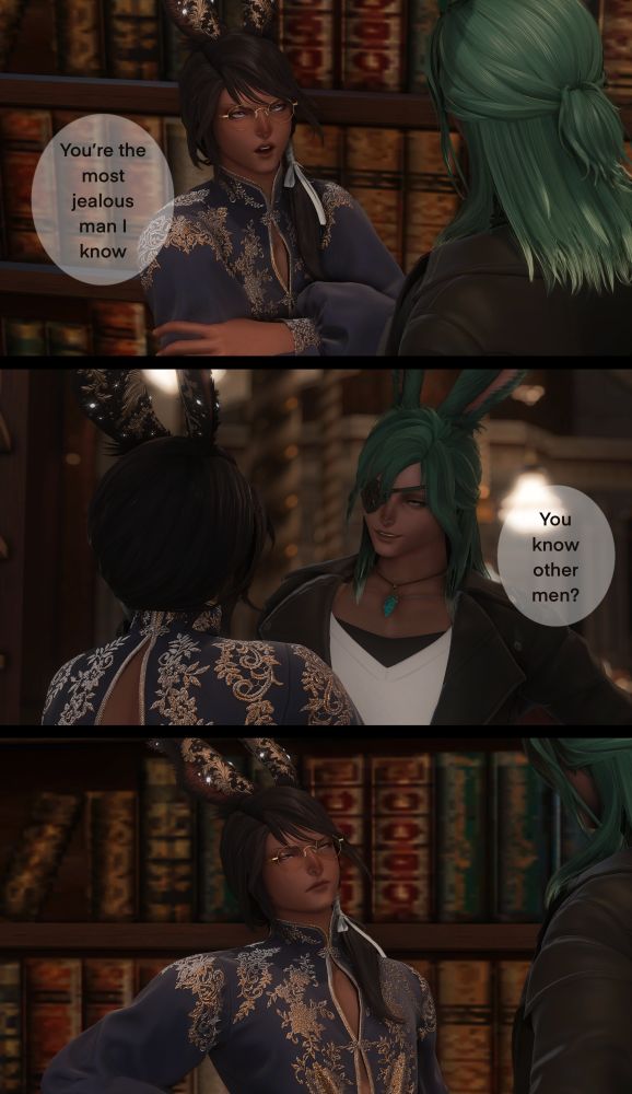 A small gpose comic of Amari and Sage. There are three panels. 
Panel 1: Amari is looking up at Sage with his arms crossed, stating "You're the most jealous man I know."
Panel 2: Sage smirks at Amari and replies back with, "You know other men?"
Panel 3: Amari is at a loss for words.