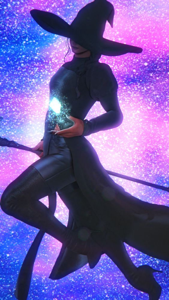 A male Viera Amari in a witch's attire. Amari is floating in the sky, staff in his right hand and a crystal summoned in another. His hat is hiding most of his face except a smile and a hint of his glasses. This was taken in the dungeon Dead Ends in the last area.