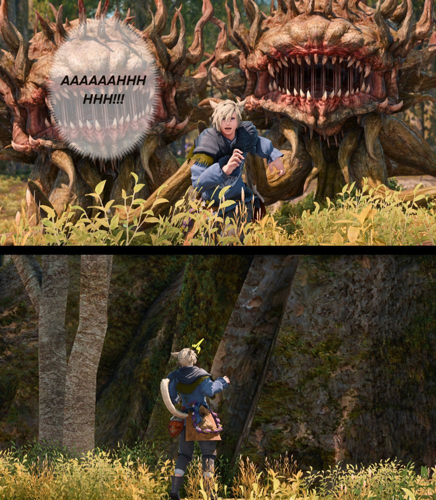 Two panels: The first frame shows Q'kie running for his life from the morbols. "AAAAAAAAAAAHHHH!!!" The second frame shows that Q'kie has run in to a massive tree, completely barring his escape route. 